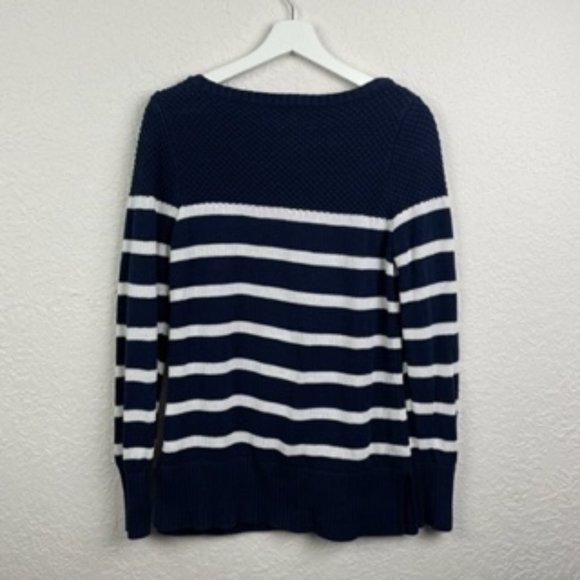 Kennar Womens M Navy Blue White Striped Long Sleeve Sweater Cozy Knit Nautical - Picture 2 of 6